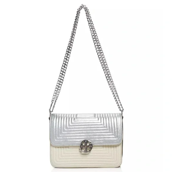 TORY BURCH "RARE" LUXURY TRAPUNTO DUET CHAIN CONVERTIBLE BAG 🩶🤍LIKE NEW🤍🩶 - Picture 16 of 17